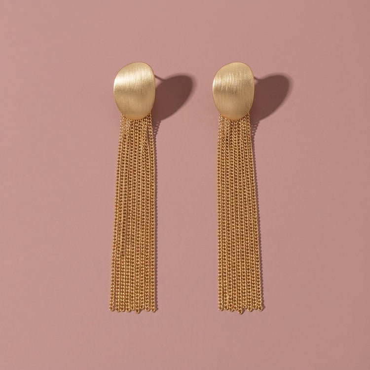Brushed Oval Metal Plate Long Chain Tassel Drop Earrings For Wedding Evening Party
