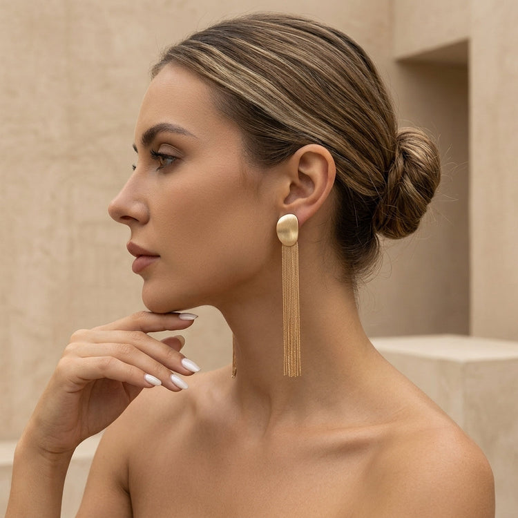 Brushed Oval Metal Plate Long Chain Tassel Drop Earrings For Wedding Evening Party