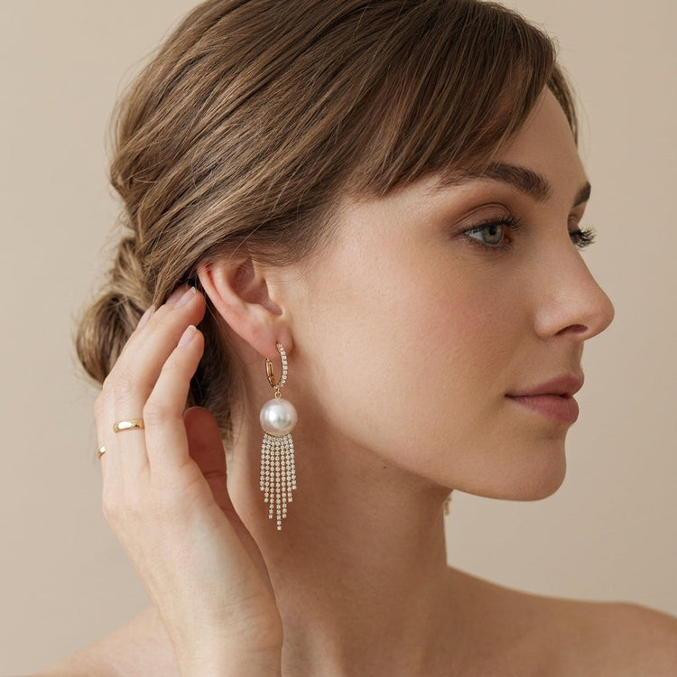 Rhinestone Huggie Hoop Earrings With Pearl And Tassel For Wedding Evening Party