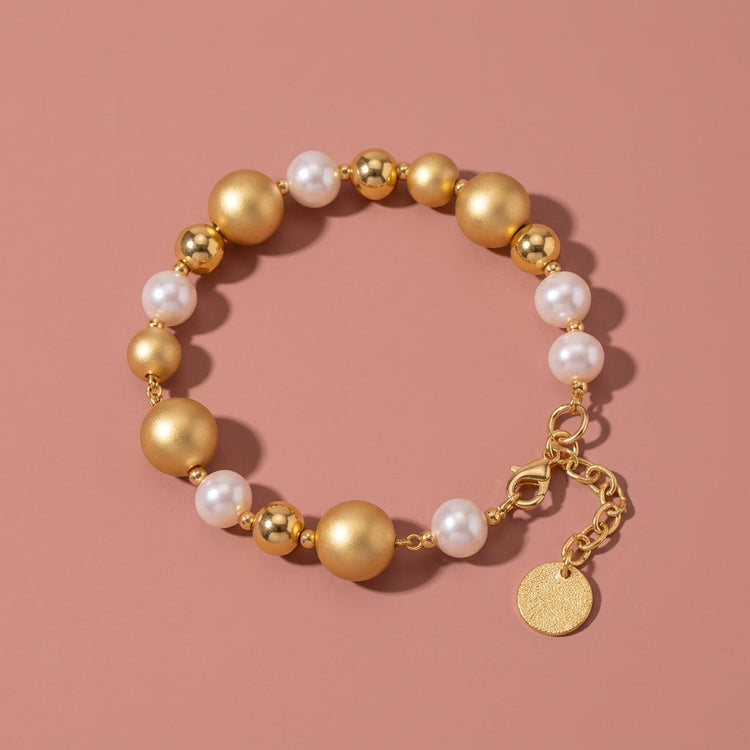 Matte Gold Bead And Imitation Pearl Bracelet For Wedding Evening Party