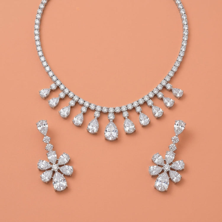 Teardrop Rhinestone Necklace And Floral Drop Earring Jewelry Set For Wedding Evening Party