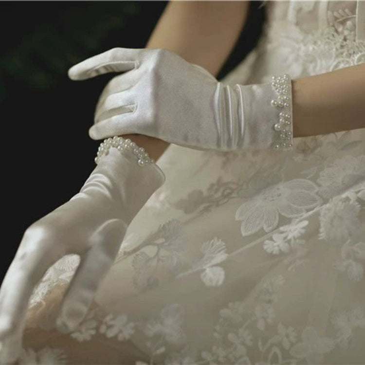 Women White Satin Long Gloves Elegant Pearl Decor Evening Party Gloves