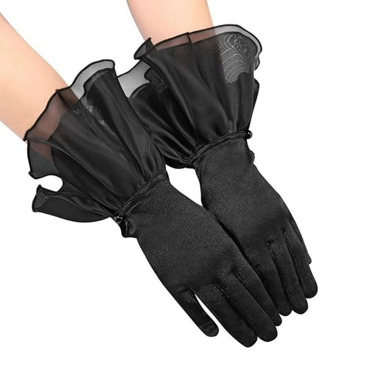 Black Satin Gloves with Organza Ruffle Cuffs for Party