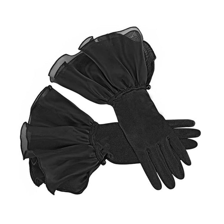 Black Satin Gloves with Organza Ruffle Cuffs for Party