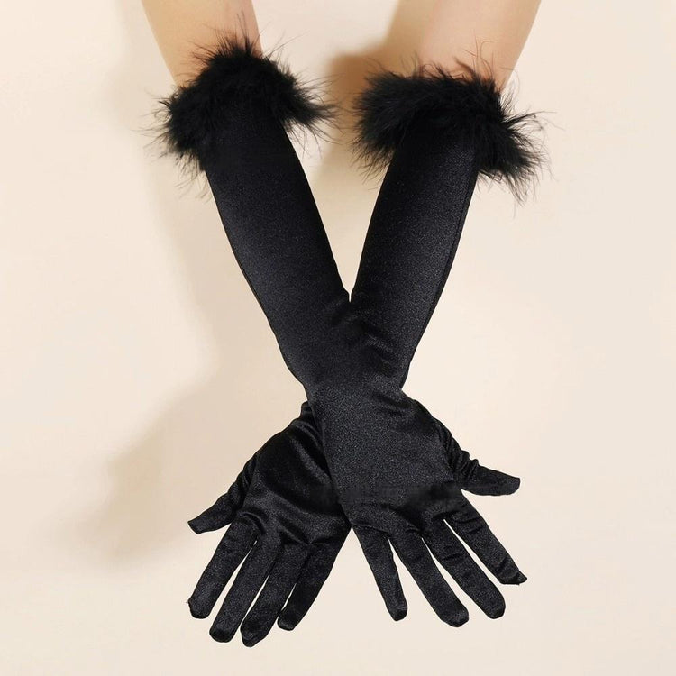 Long Satin Feather Gloves for Evening Party