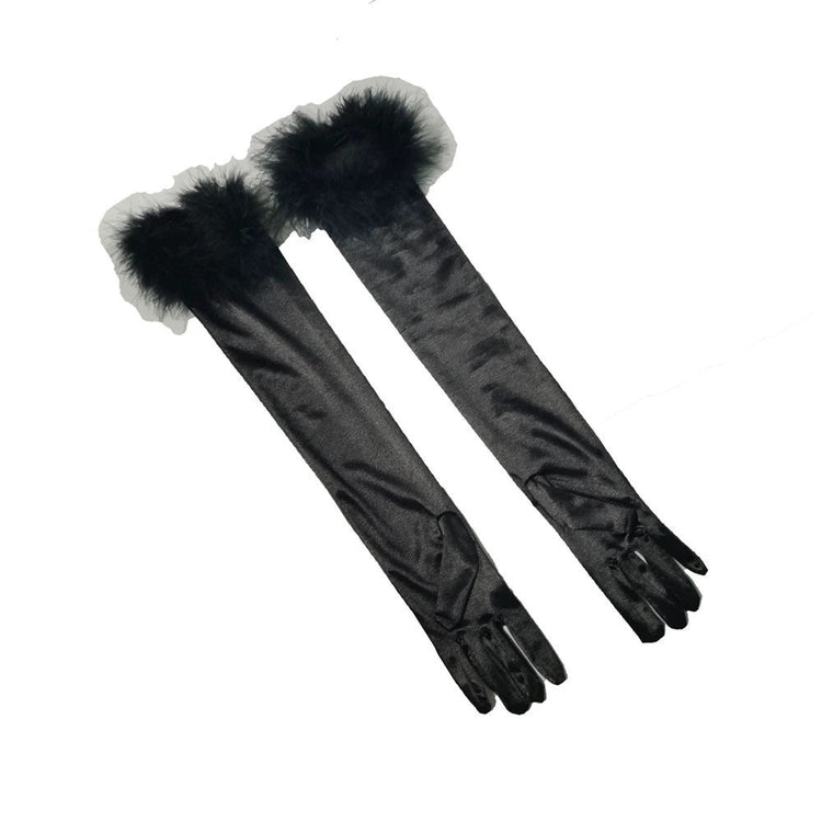 Long Stretch Gloves with Feather Cuffs for 1920s Party