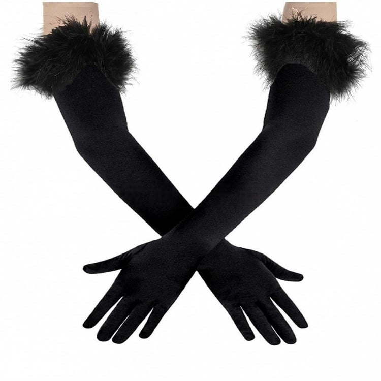 Long Stretch Gloves with Feather Cuffs for 1920s Party