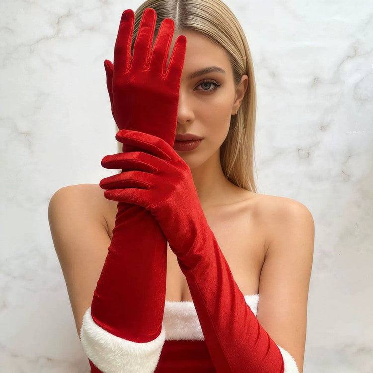 Long Red Velvet Gloves with White Fur Trim for Christmas Party