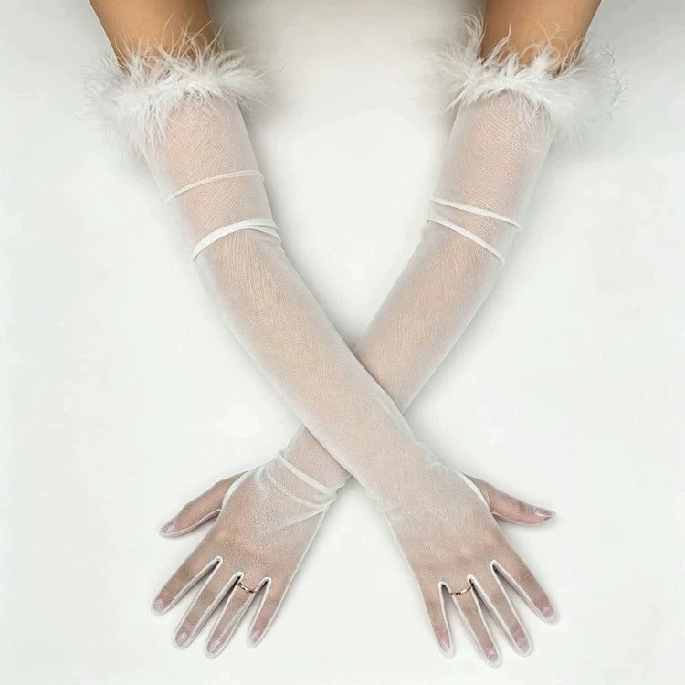 Long Sheer Tulle Gloves with Feather Trim for Wedding and Halloween Party