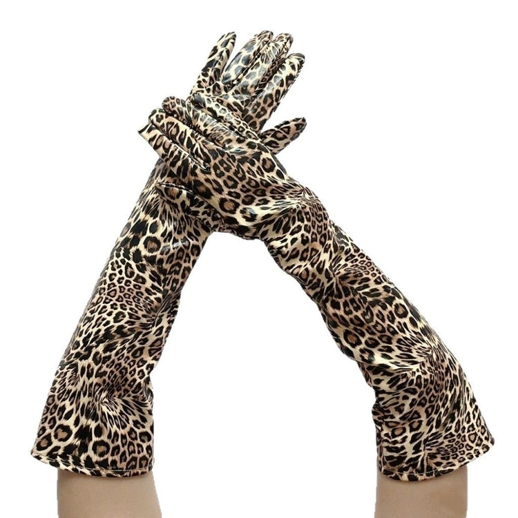 Long Leopard Print Faux PU Leather Gloves for Cosplay and Halloween Stage Show