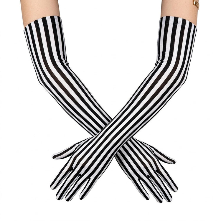 Long Black and White Striped Stretch Gloves for Halloween Cosplay and Stage Part