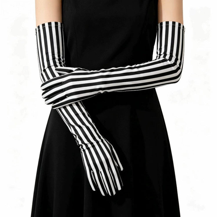 Long Black and White Striped Stretch Gloves for Halloween Cosplay and Stage Part