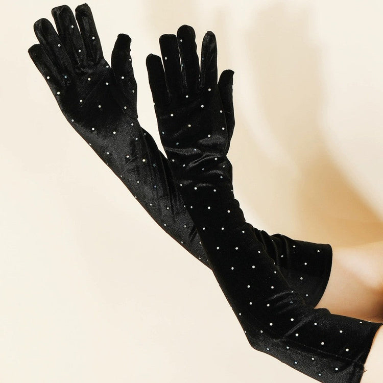 Long Velvet Gloves with Rhinestones, Winter Warm Formal Gloves for Wedding & Evening Party