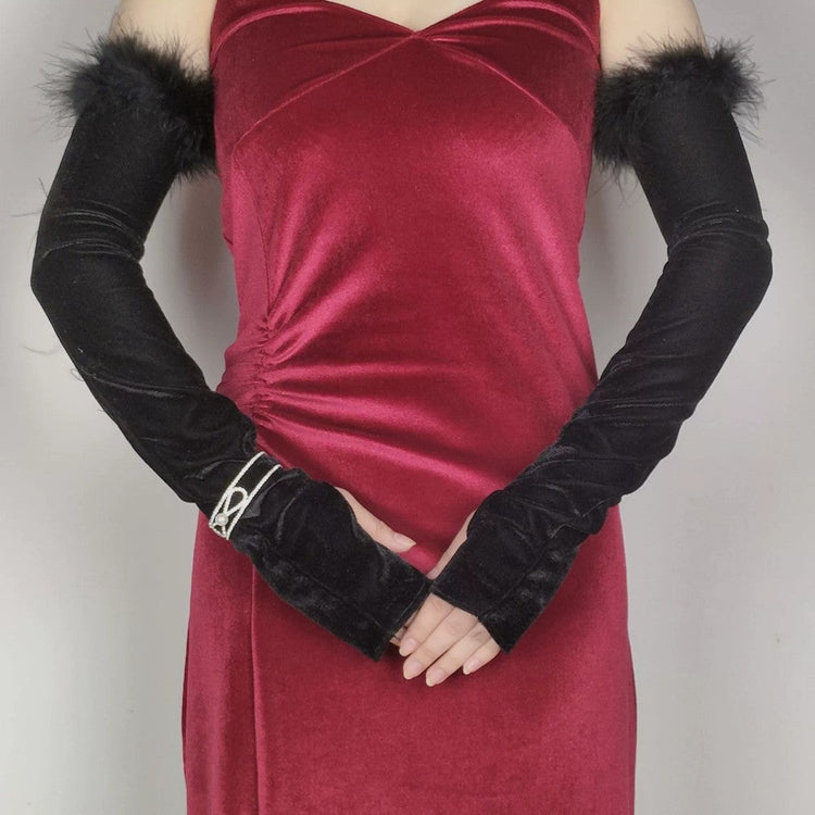 Vintage Velvet Fingerless Long Gloves with Feather, Evening Party & Dance Accessories