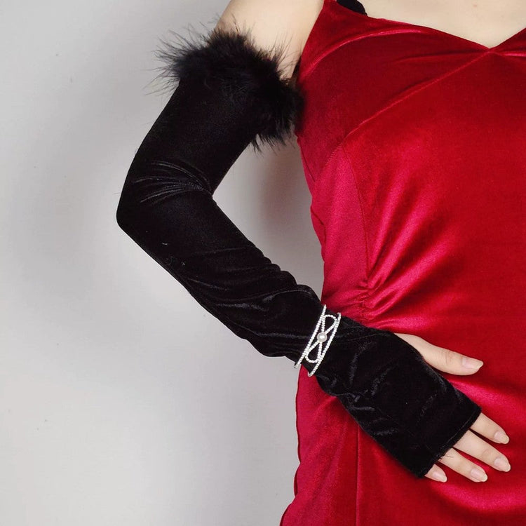 Vintage Velvet Fingerless Long Gloves with Feather, Evening Party & Dance Accessories