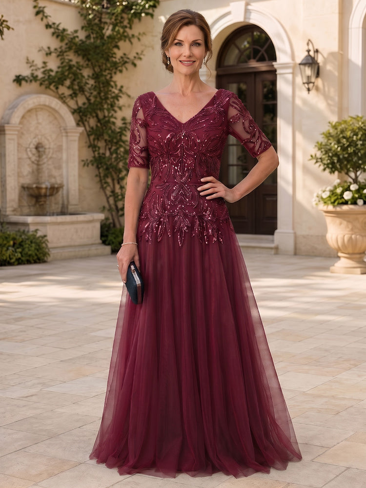 Tulle A-Line V Neck Long Mother of the Bride Dresses with Beaded Applique Bodice