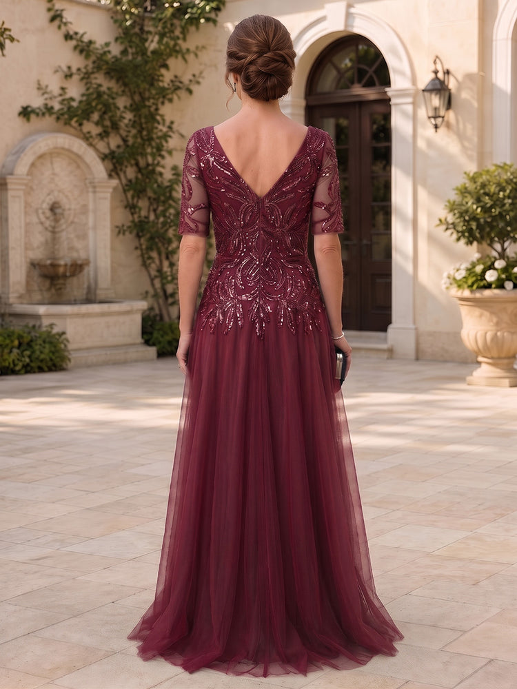 Tulle A-Line V Neck Long Mother of the Bride Dresses with Beaded Applique Bodice