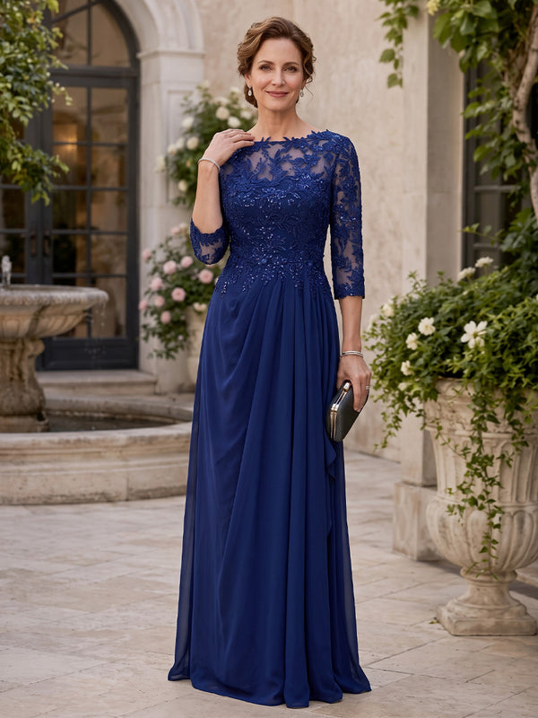 Chiffon A-Line Round Neck Long Mother of the Bride Dresses with Beaded Applique Bodice