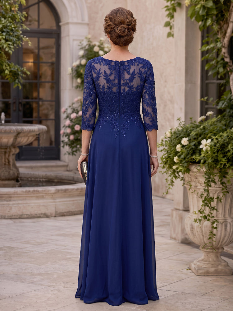 Chiffon A-Line Round Neck Long Mother of the Bride Dresses with Beaded Applique Bodice