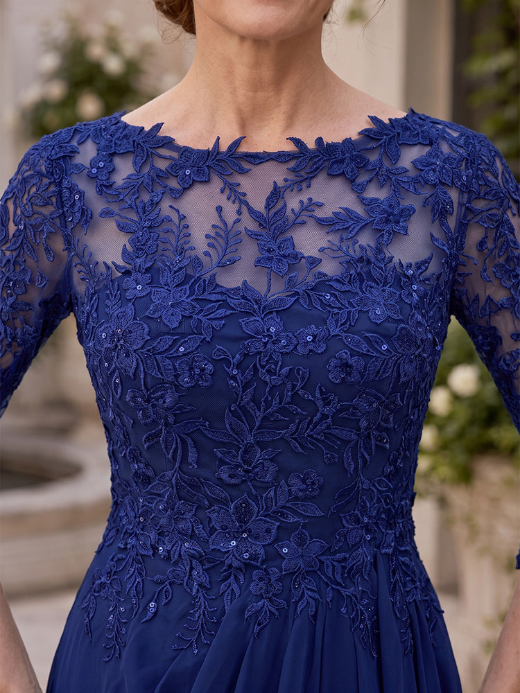 Chiffon A-Line Round Neck Long Mother of the Bride Dresses with Beaded Applique Bodice
