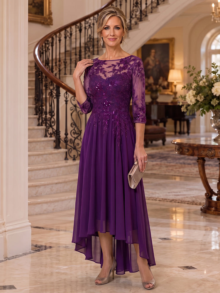 Chiffon High Low Round Neck Midi Mother of the Bride Dresses with Beaded Applique Bodice