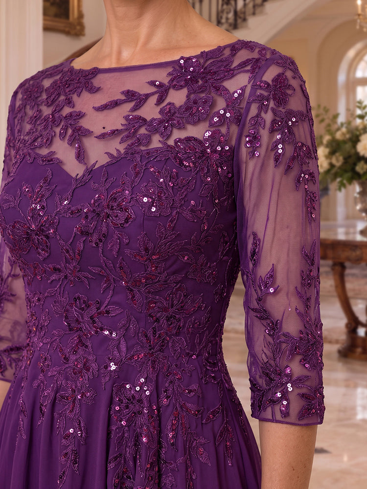 Chiffon High Low Round Neck Midi Mother of the Bride Dresses with Beaded Applique Bodice