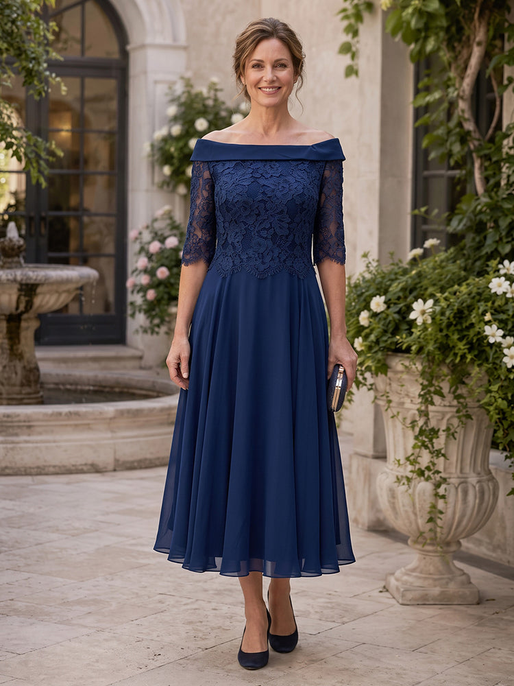 Chiffon A-Line Off Shoulder Tea Length Mother of the Bride Dresses with Lace Applique