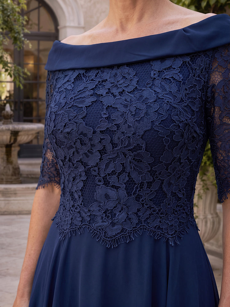 Chiffon A-Line Off Shoulder Tea Length Mother of the Bride Dresses with Lace Applique