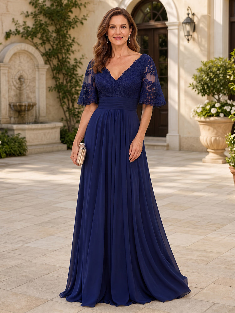 Chiffon A-Line V Neck Long Mother of the Bride Dresses with Lace Applique