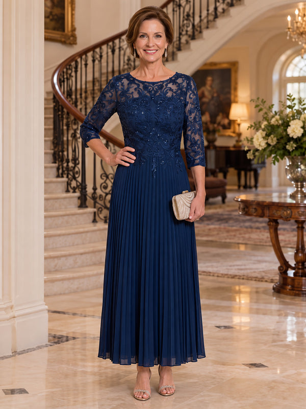 Chiffon A-Line Round Neck Tea Length Mother of the Bride Dresses with Beaded Applique Bodice