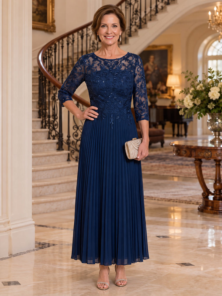 Chiffon A-Line Round Neck Tea Length Mother of the Bride Dresses with Beaded Applique Bodice