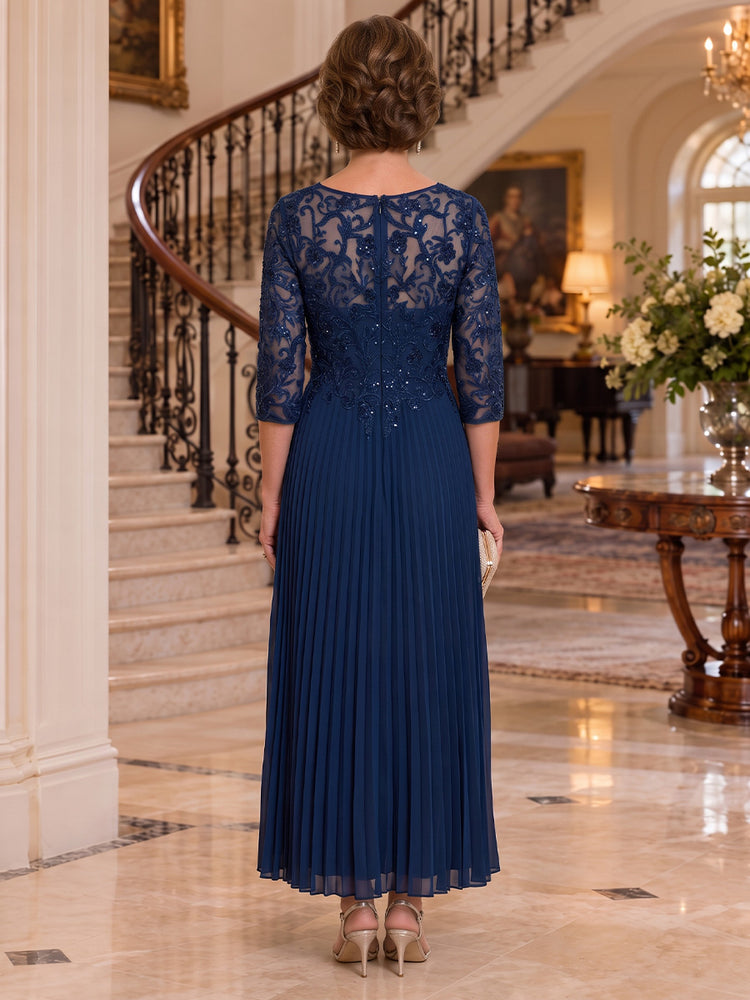 Chiffon A-Line Round Neck Tea Length Mother of the Bride Dresses with Beaded Applique Bodice