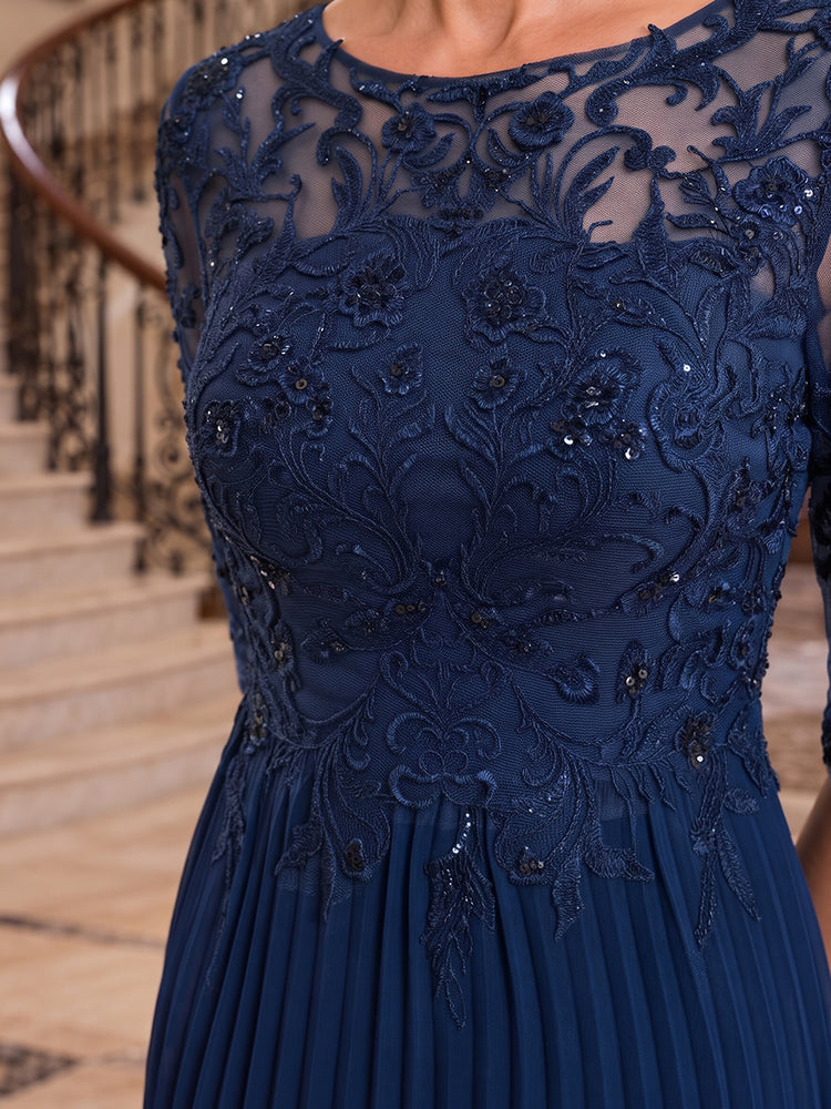 Chiffon A-Line Round Neck Tea Length Mother of the Bride Dresses with Beaded Applique Bodice