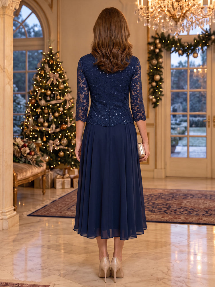 Chiffon A-Line Round Neck Tea Length Mother of the Bride Dresses with Beaded Applique Bodice