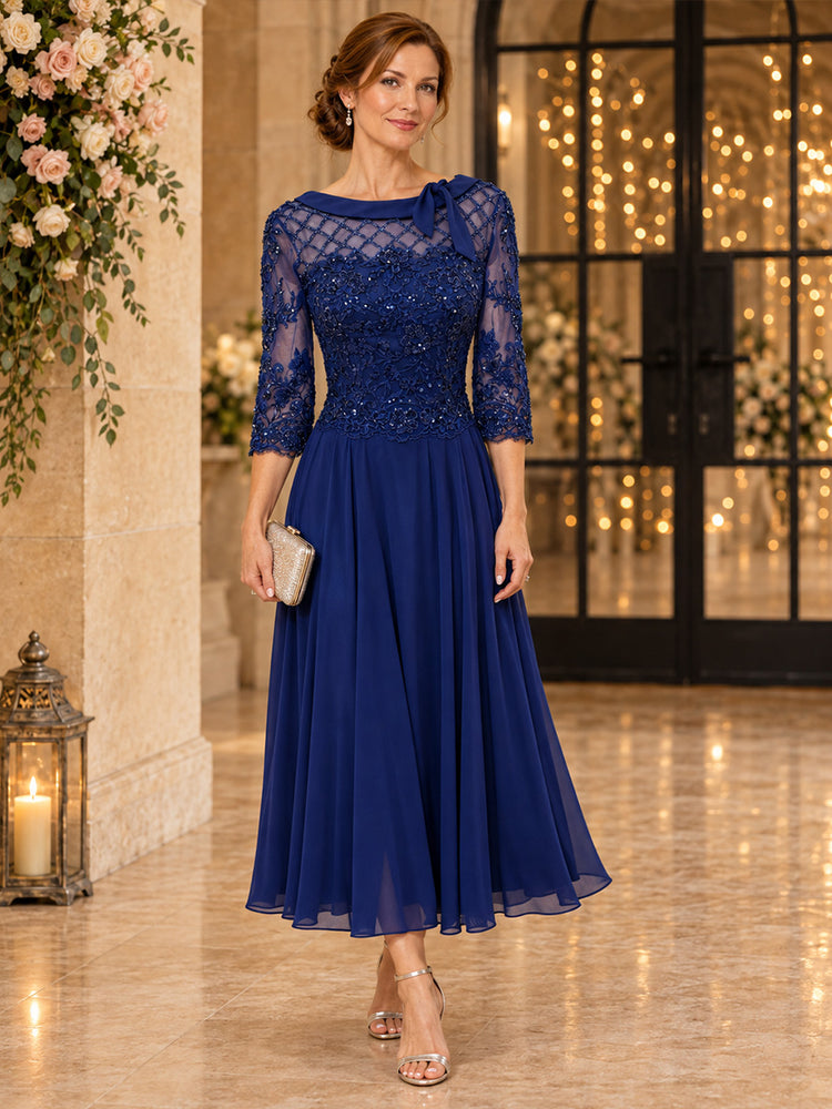 Chiffon A-Line Round Neck Tea Length Mother of the Bride Dresses with Beaded Applique Bodice