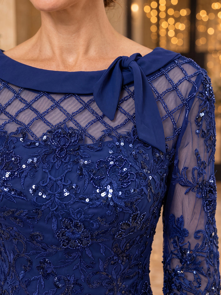 Chiffon A-Line Round Neck Tea Length Mother of the Bride Dresses with Beaded Applique Bodice