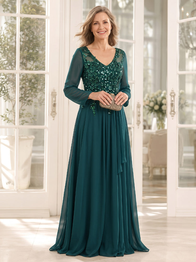 Chiffon A-Line V Neck Long Mother of the Bride Dresses with Beaded Applique Bodice