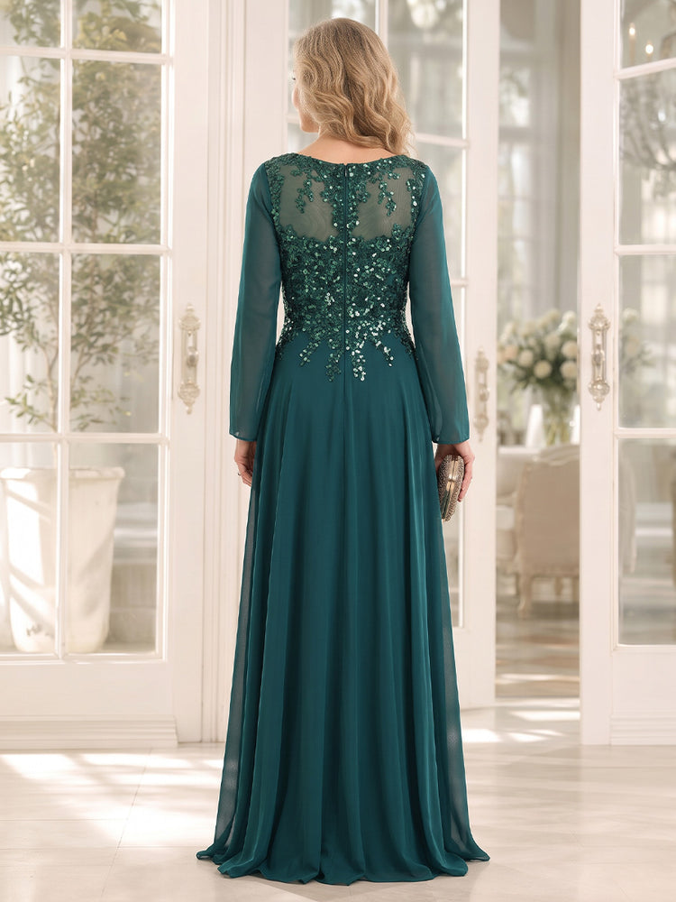 Chiffon A-Line V Neck Long Mother of the Bride Dresses with Beaded Applique Bodice