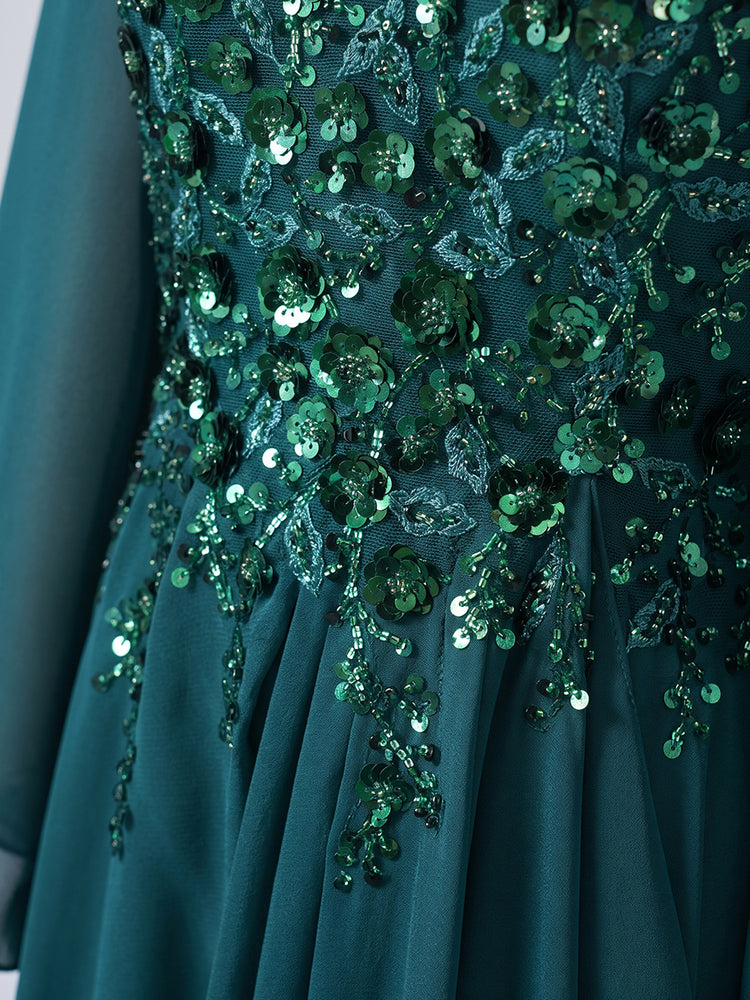 Chiffon A-Line V Neck Long Mother of the Bride Dresses with Beaded Applique Bodice
