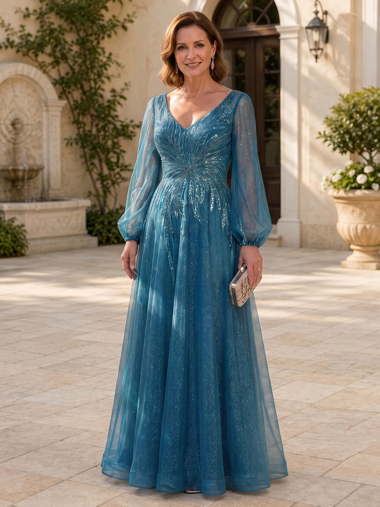 Tulle A-Line V Neck Long Mother of the Bride Dresses with Beaded Bodice