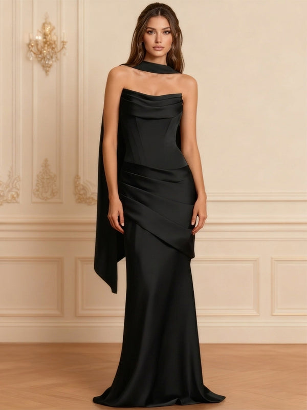 Satin Strapless Evening Dresses with Scarf