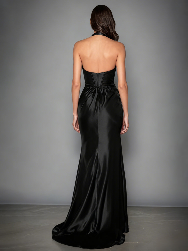 Satin Deep V Neck Evening Prom Dresses with Slit