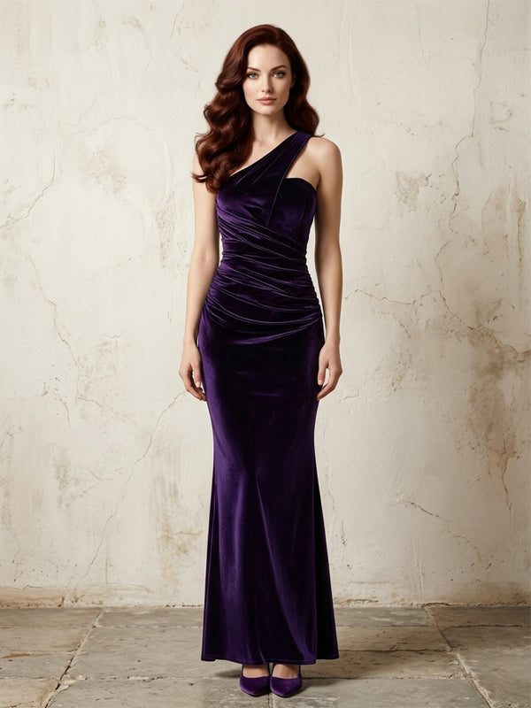 Velvet One Shoulder Ruched Long Simple Evening Dresses