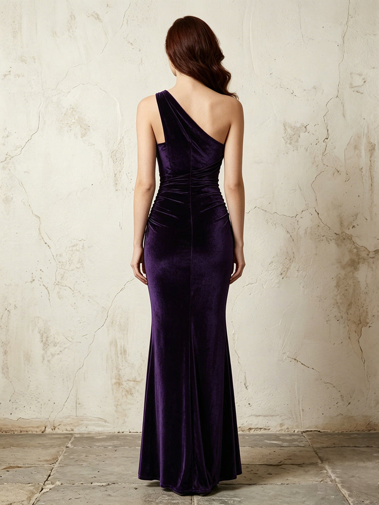 Velvet One Shoulder Ruched Long Simple Evening Dresses