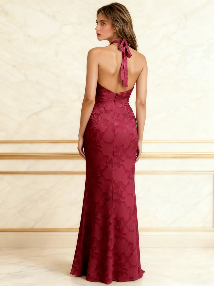 Chiffon Floral Jacquard Halter Evening Dresses with Floral