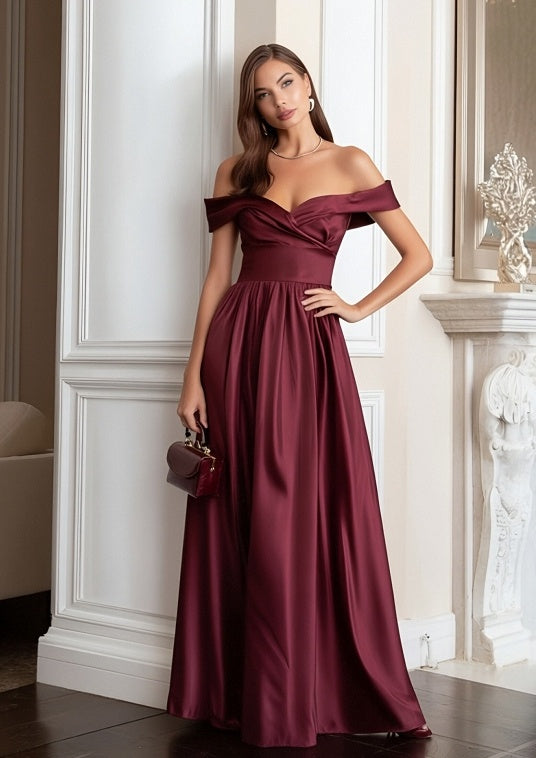 Satin Off the Shoulder Pleated Evening Dresses for Formal Party