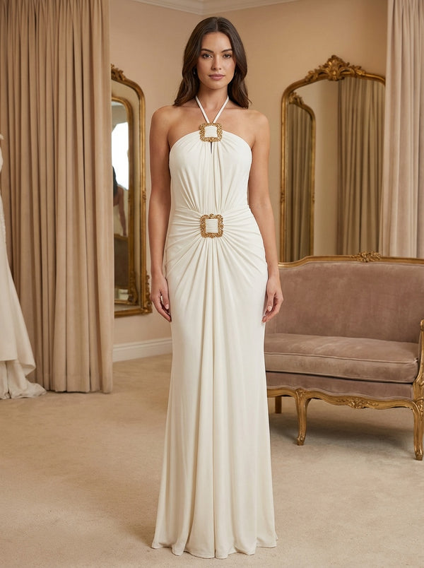 Elastic Satin Halter Long Evening Dresses with Pleats