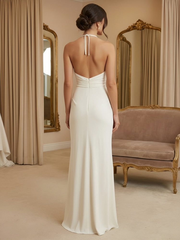 Elastic Satin Halter Long Evening Dresses with Pleats