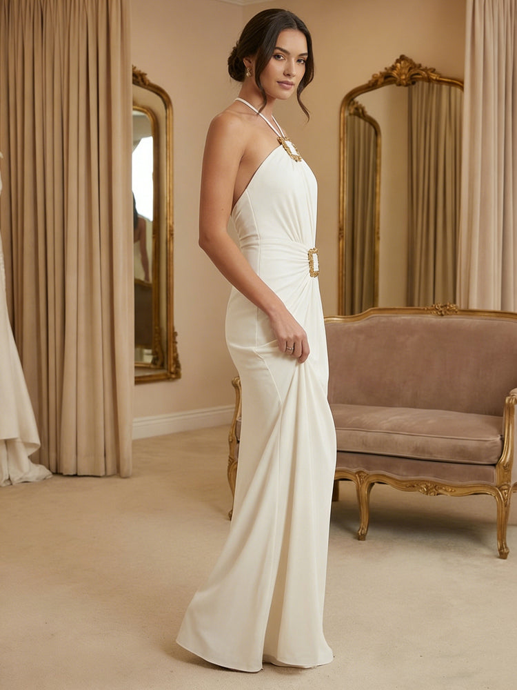 Elastic Satin Halter Long Evening Dresses with Pleats