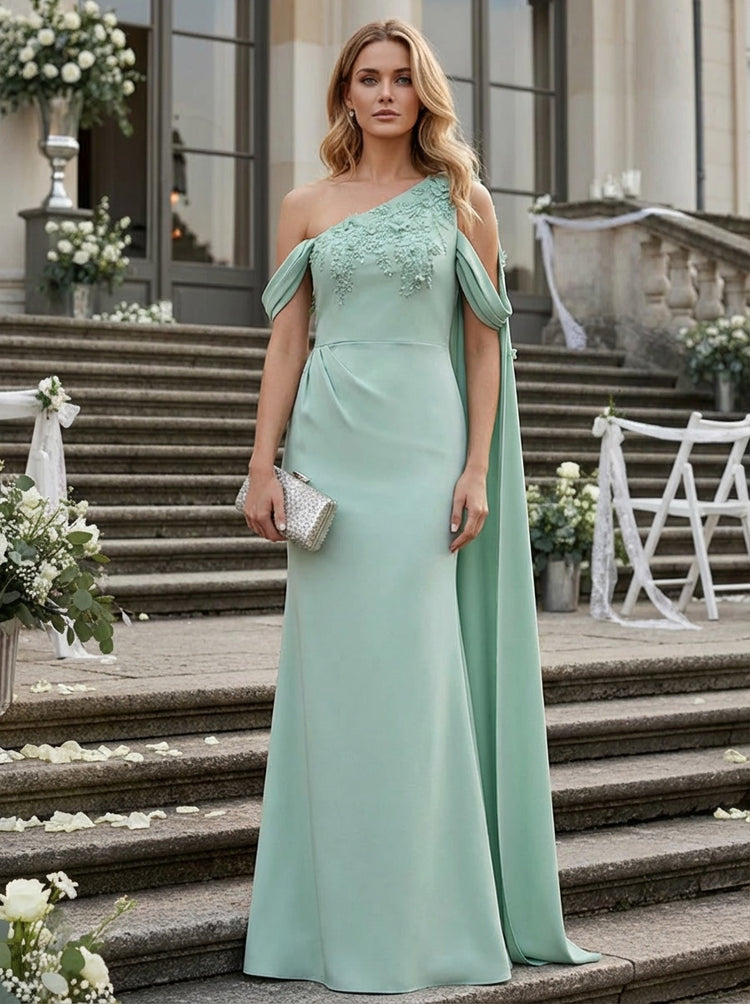 Satin Floral Applique Off the Shoulder Evening Dresses